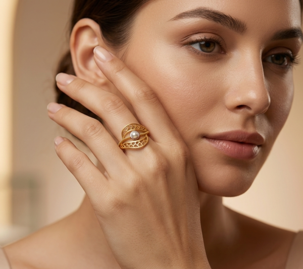 Artistic Filigree Leaf-Inspired Gold Ring
