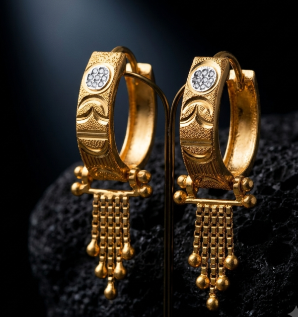 Exquisite Textured Gold Hoop Earrings with Cascading Bead Dangles
