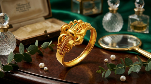 Classic Beaded Gold Band with Intricate Center Motif