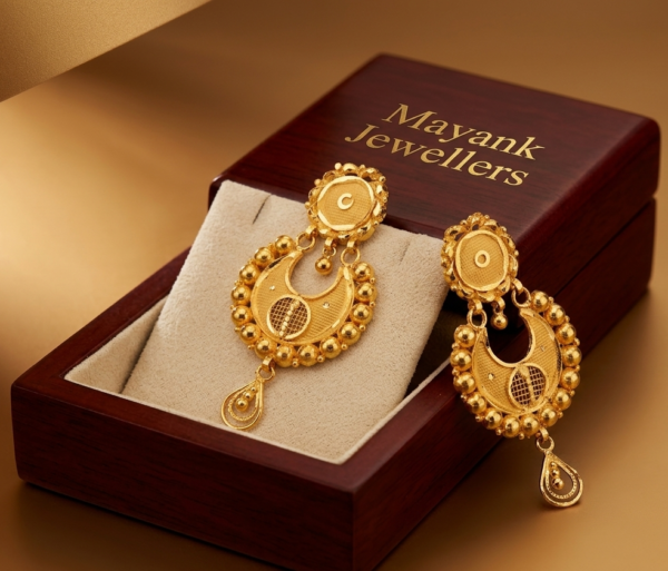 Traditional Crescent Moon Filigree Gold Drop Earrings