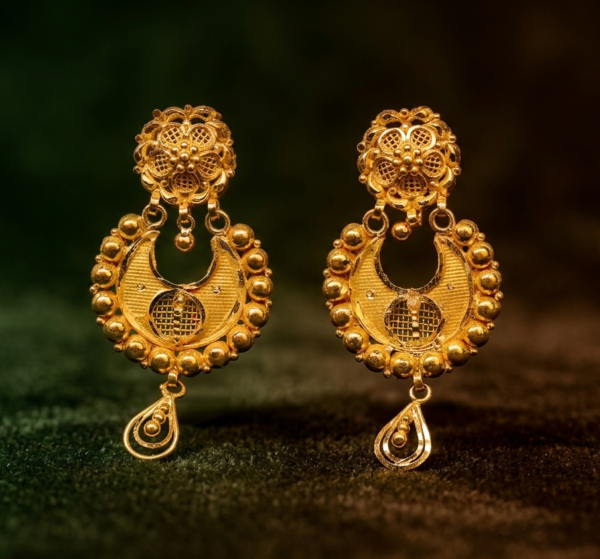 Traditional Crescent Moon Filigree Gold Drop Earrings