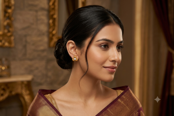 Elegant Tri-Point Gold Studs with Central Solitaire