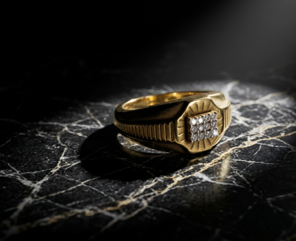 Classic Men's Gold Ring with Stone-Studded Square Accent