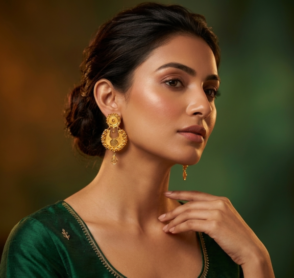 Traditional Crescent Moon Filigree Gold Drop Earrings