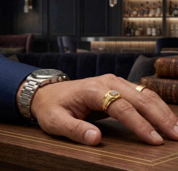 Classic Men's Gold Ring with Stone-Studded Square Accent