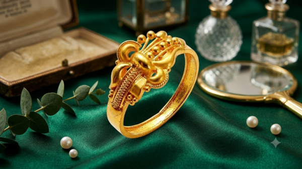 Classic Beaded Gold Band with Intricate Center Motif