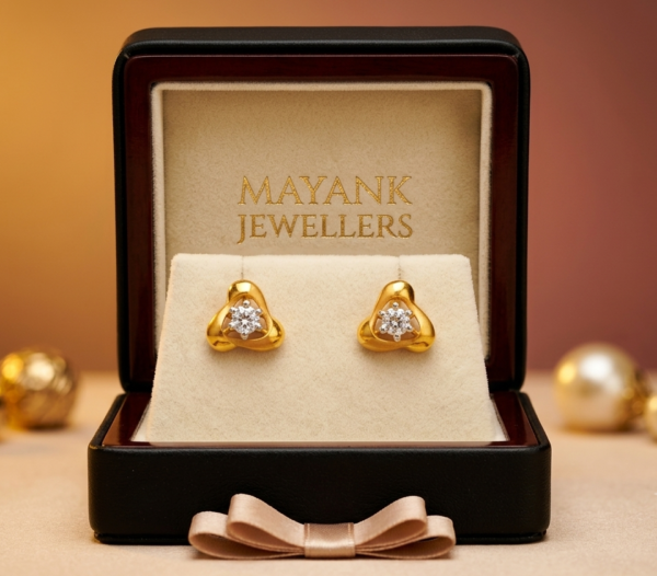 Elegant Tri-Point Gold Studs with Central Solitaire