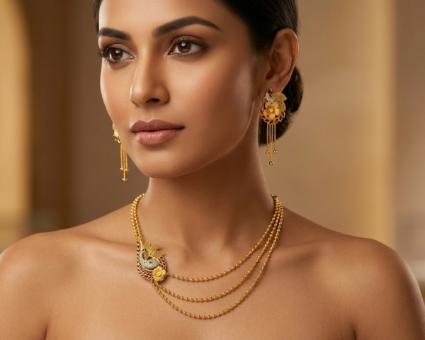 Graceful Multi-Layer Chain Necklace Set with Side Peacock Motif and Earrings