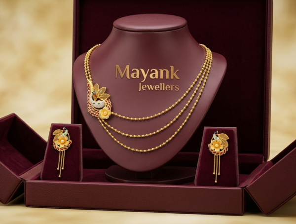 Graceful Multi-Layer Chain Necklace Set with Side Peacock Motif and Earrings