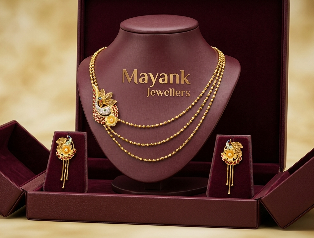 Graceful Multi-Layer Chain Necklace Set with Side Peacock Motif and Earrings Graceful Multi-Layer Chain Necklace Set with Side Peacock Motif and Earrings