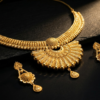 Opulent Traditional Gold-Plated Fan Pendant Necklace and Earrings Set
