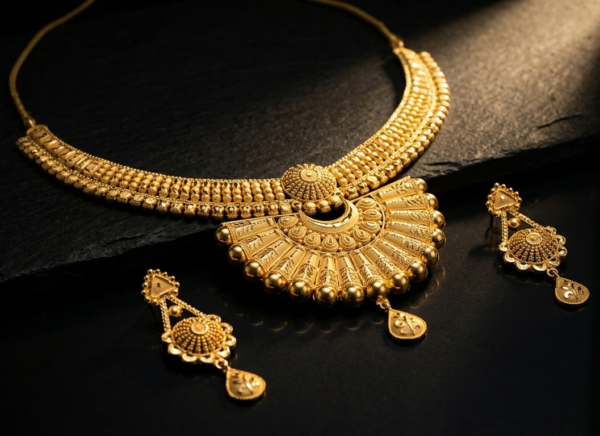 Opulent Traditional Gold-Plated Fan Pendant Necklace and Earrings Set