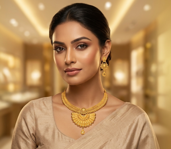 Opulent Traditional Gold-Plated Fan Pendant Necklace and Earrings Set