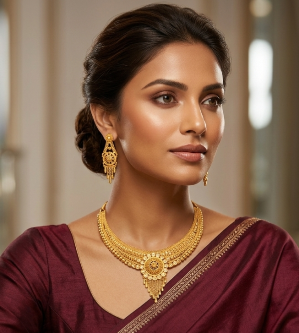 Mayank Jewellers Radiant Gold-Plated Central Medallion Necklace and Earrings Set