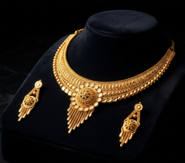 Mayank Jewellers Radiant Gold-Plated Central Medallion Necklace and Earrings Set
