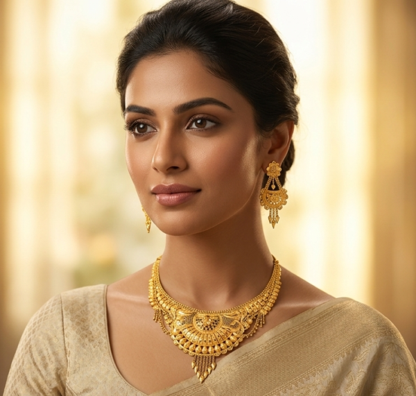 Radiant Traditional Gold-Plated Statement Necklace and Dangle Earrings Set