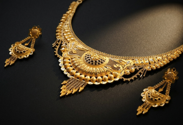Radiant Traditional Gold-Plated Statement Necklace and Dangle Earrings Set