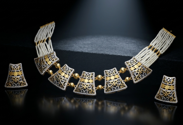 Elegant Multi-Strand Pearl and Filigree Designer Necklace Set