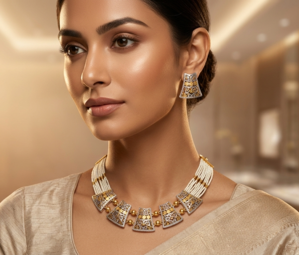 Elegant Multi-Strand Pearl and Filigree Designer Necklace Set