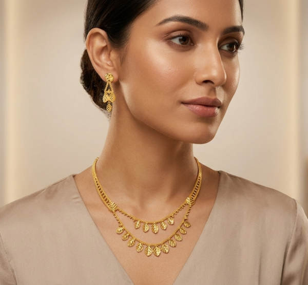 Delicate Gold-Plated Double-Layer Leaf Charm Necklace Set