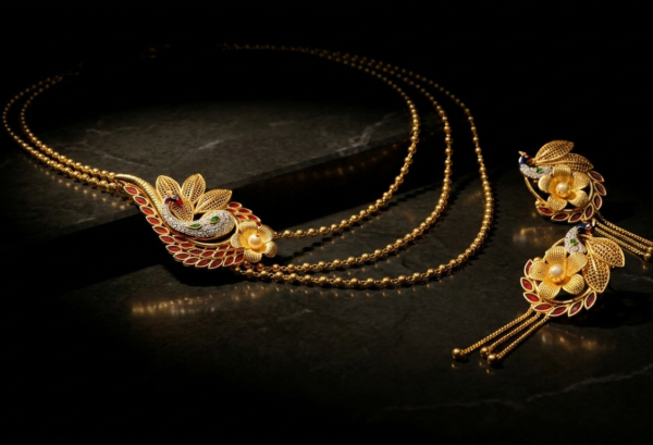 Graceful Multi-Layer Chain Necklace Set with Side Peacock Motif and Earrings